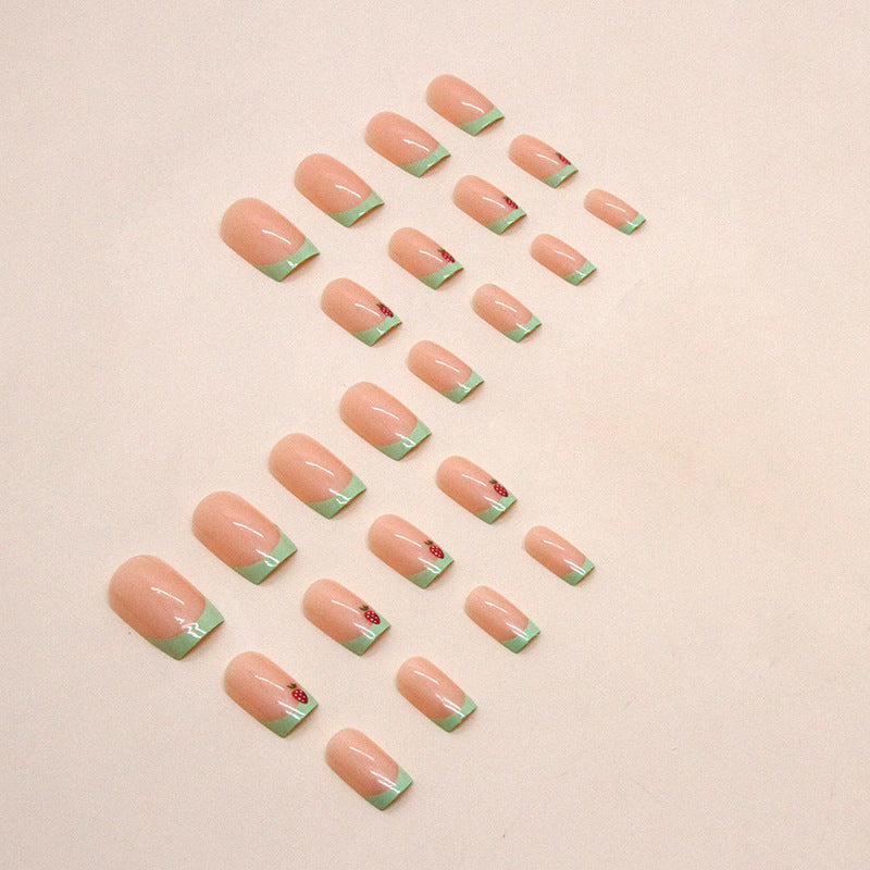 Grass Green French Strawberry Fake Nails