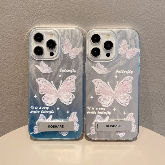 Feather Butterfly Gradient Case iPhone15 Pro 11 13 Invisible Stand 7P