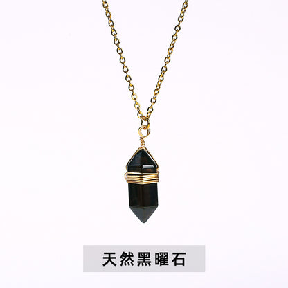 Natural stone double pointed hexagonal column silk necklace