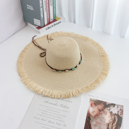 Fringe Hat Wide Brim Export Sun Outdoor Beach Vacation Handwoven