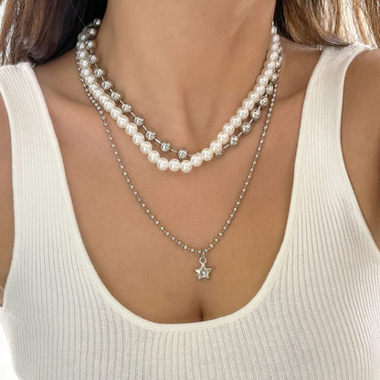 Multi-layered star necklace imitation pearl jewelry