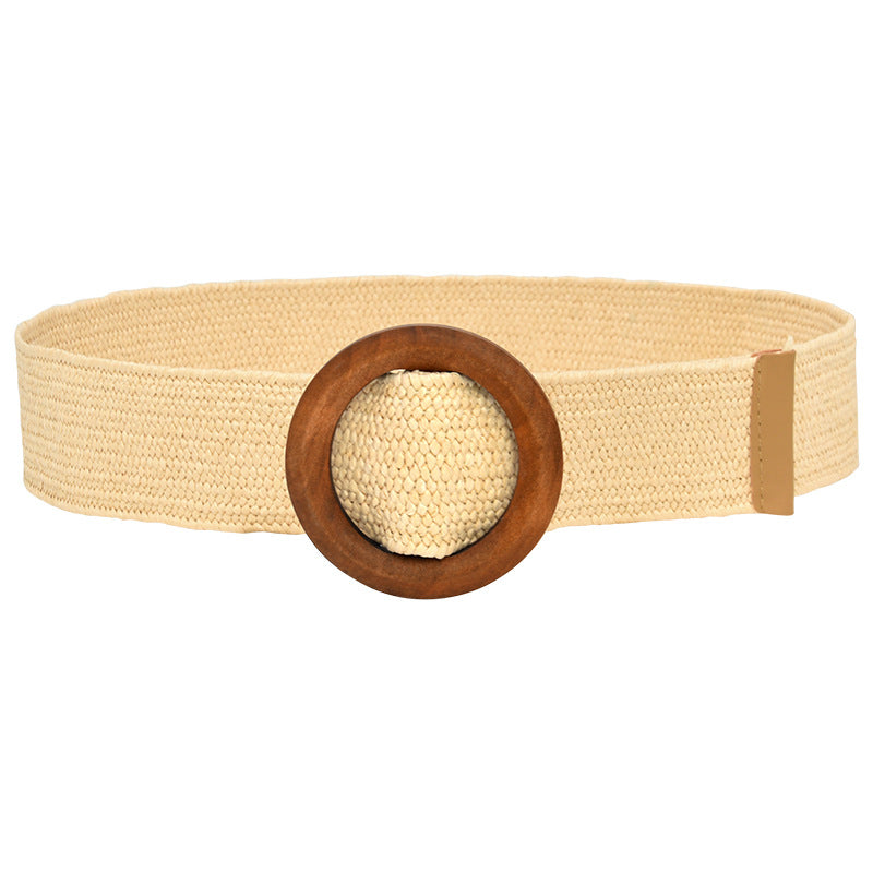 5CM wood buckle braided elastic belt