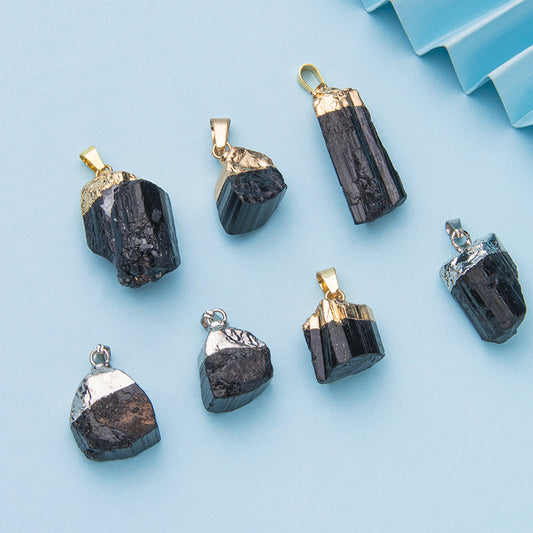 Black Tourmaline Silver Gold Irregular Raw Stone Pendant