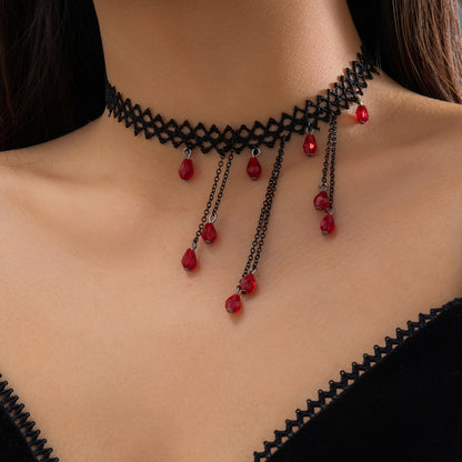 Red Beaded French Water Drop Fringed Necklace