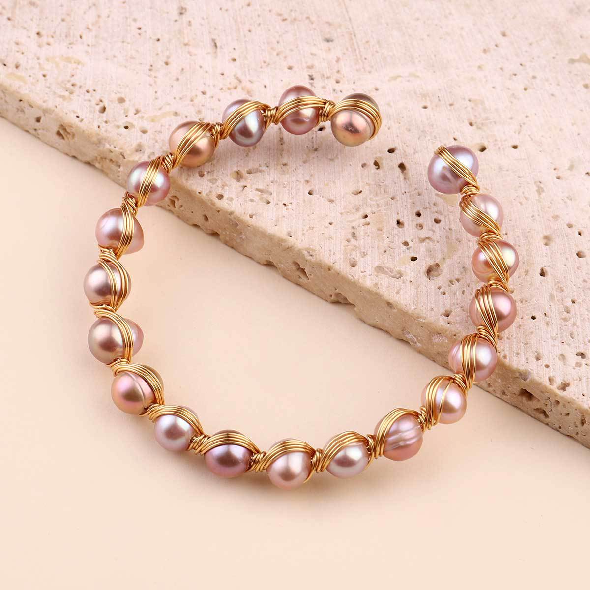 Natural Pearl Copper Wire Braided 18k Real Gold Bracelet