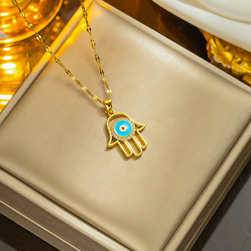 Titanium Gold-Plated Fatima Lucky Palm & Evil Eye Pendant - European Style