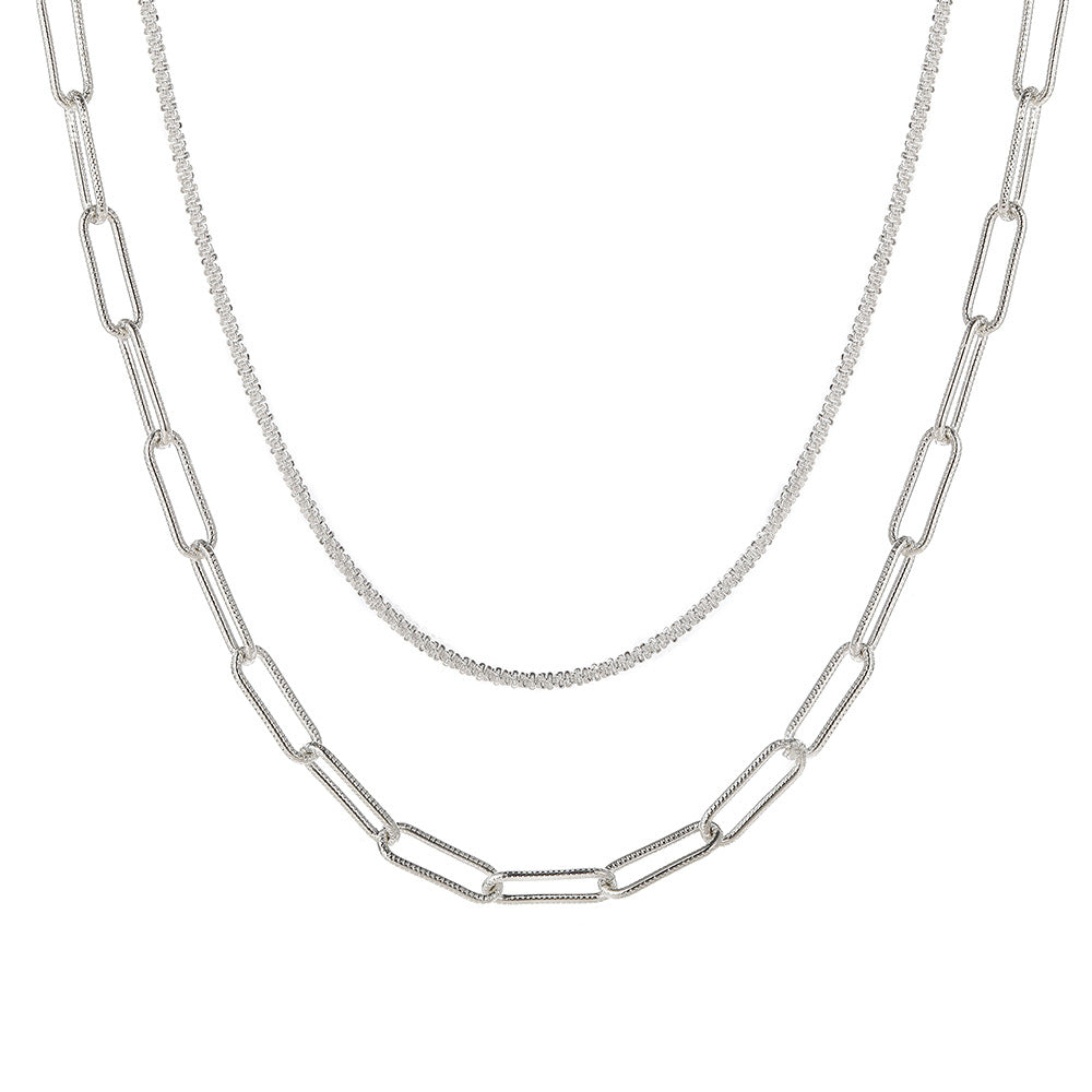 Silver stacked double clavicle chain necklace