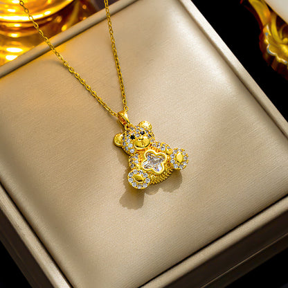 Crystal Teddy Bear Necklace, Cute Bear Pendant Collarbone Chain