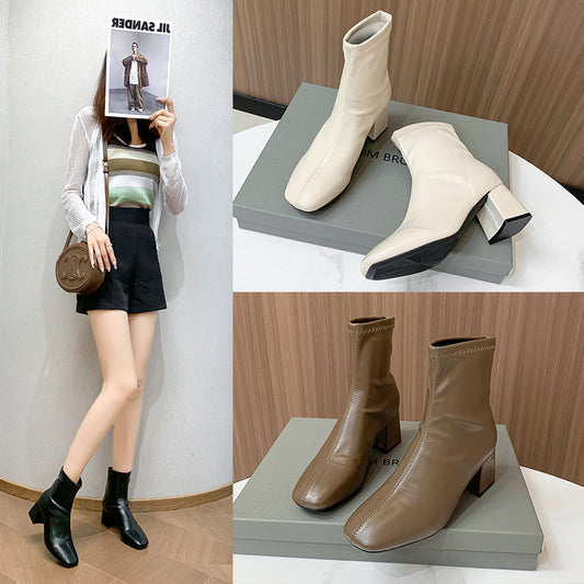 Korean version of square head high-heeled fashion boots