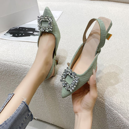 Rhinestone pointed back strap thick heels