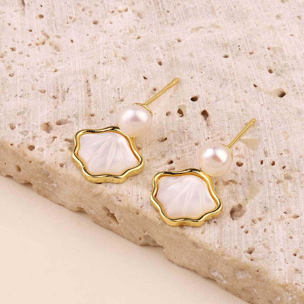 Natural Pearl Stud Earrings Clover Shell Butterfly