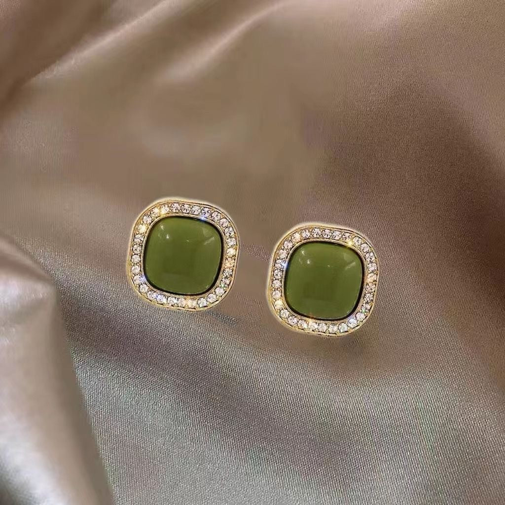 Avocado Green Geometric Flash Diamond Earrings