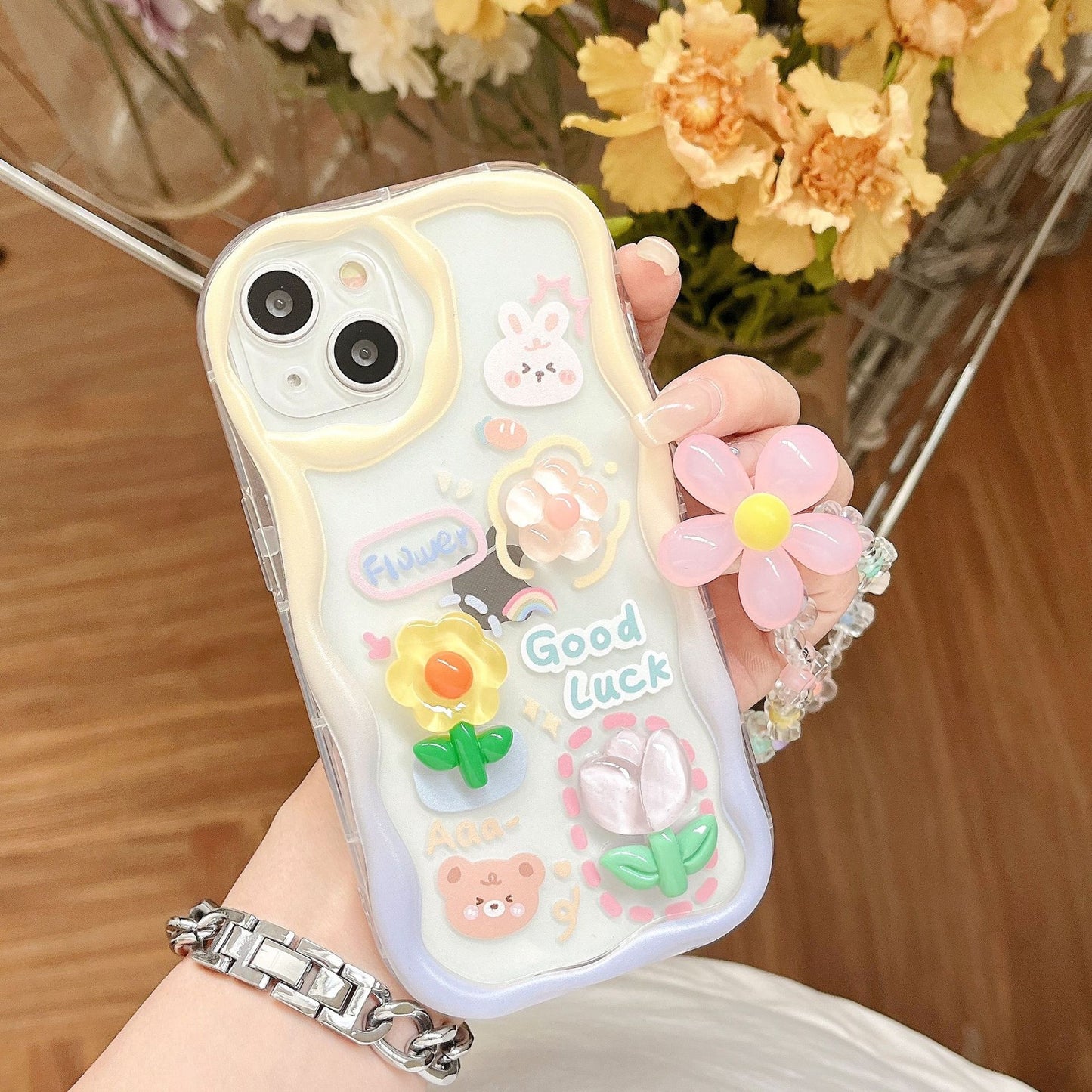 iPhone 15 Pro Flower Bear Apple 13/12 Cream Full Cover Shockproof