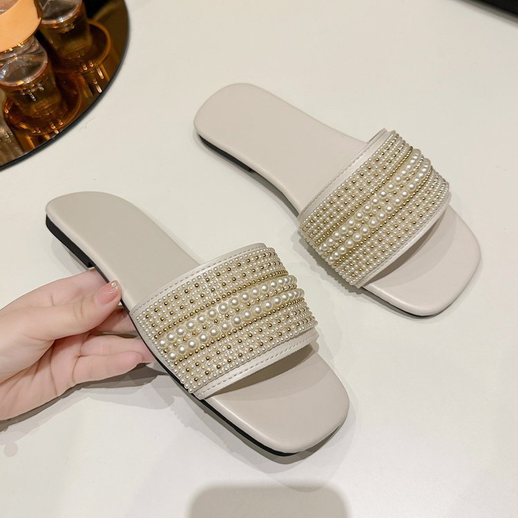 Flat-bottomed rhinestone pearl slippers