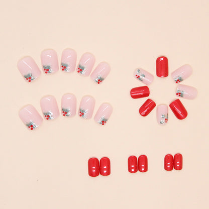 Western Style Red Floral Short Square Fake Nails