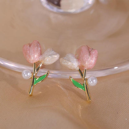 S925 Silver Needle Pink Tulip Pearl Stud Earrings