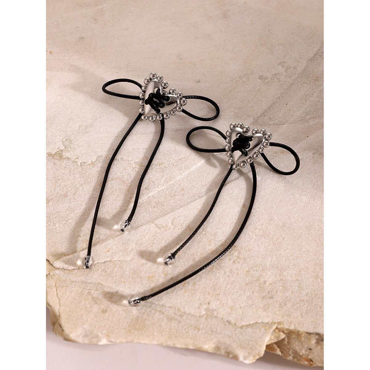 Love Heart Black Wax Rope Earrings