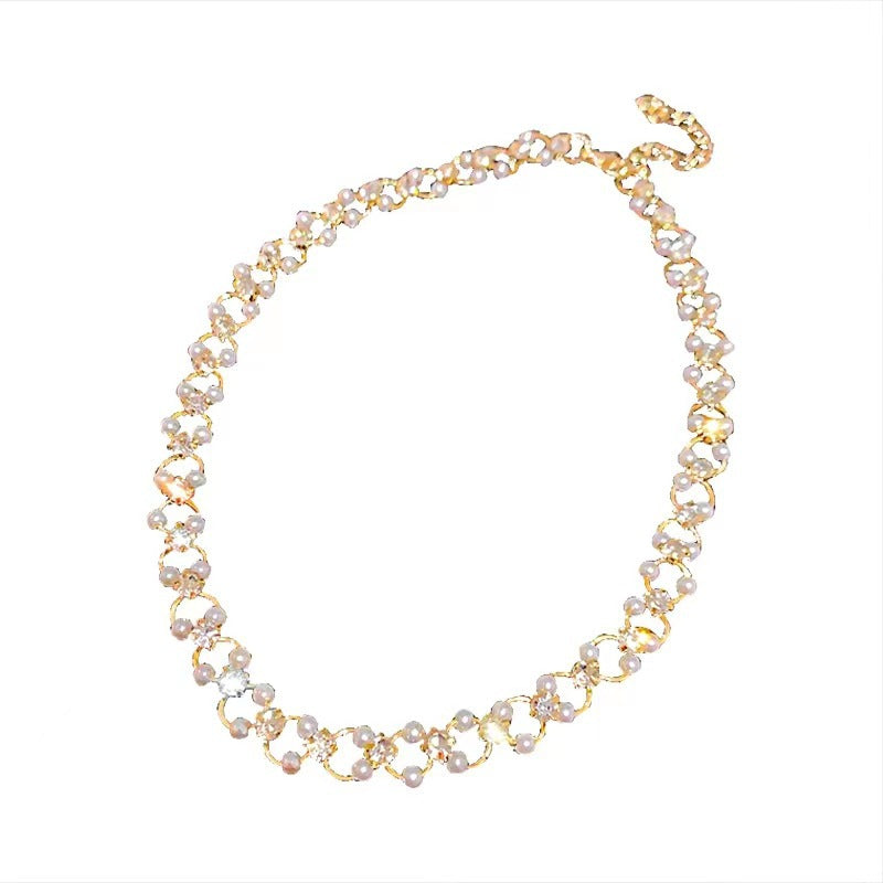 French Pearl Zircon Short Woven Necklace