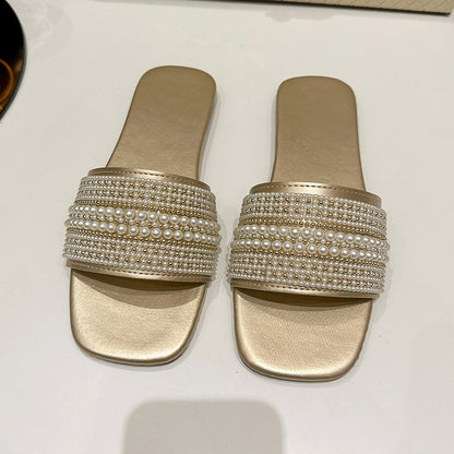 Flat-bottomed rhinestone pearl slippers