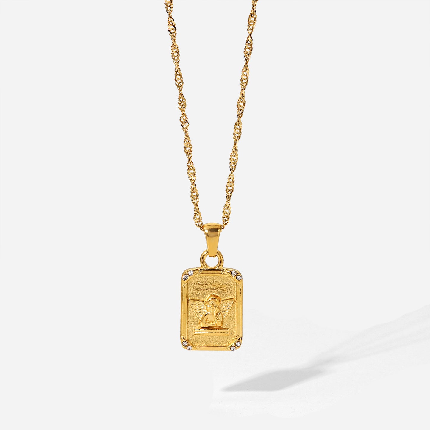 Square Embossed Angel Pendant Necklace