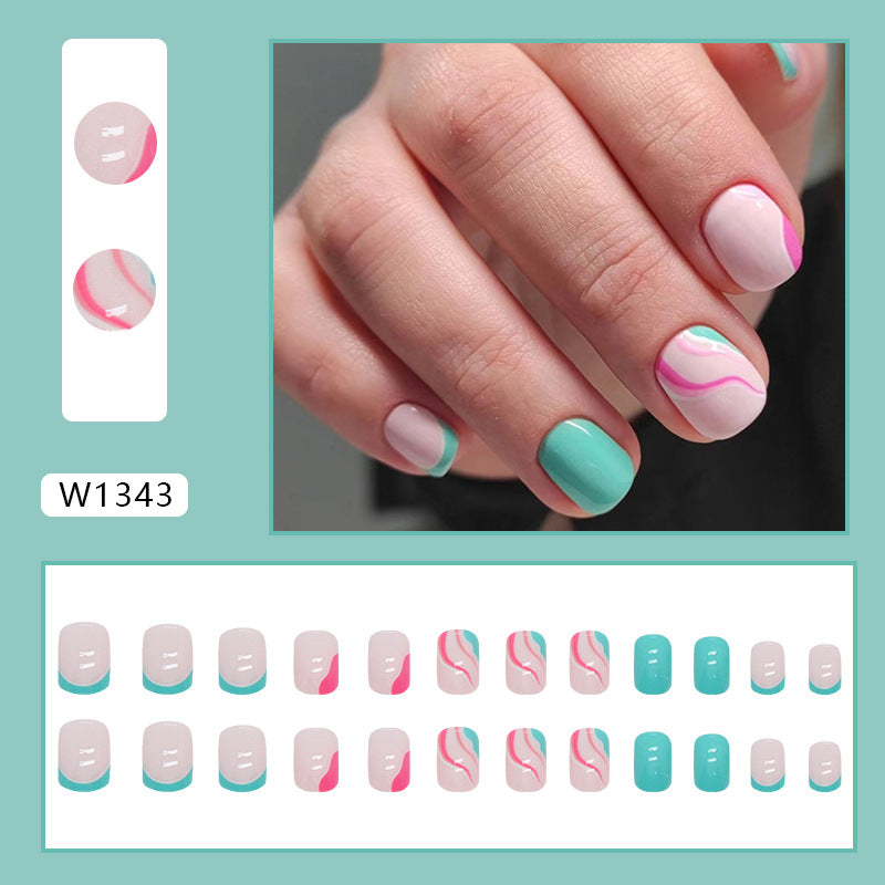 Short Pink and Green Wavy French Fake Nails