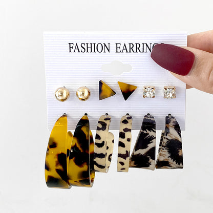 Leopard print flower C-shaped earrings set 5 pairs