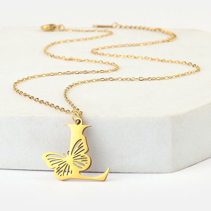 26 letter butterfly titanium steel hollow necklace