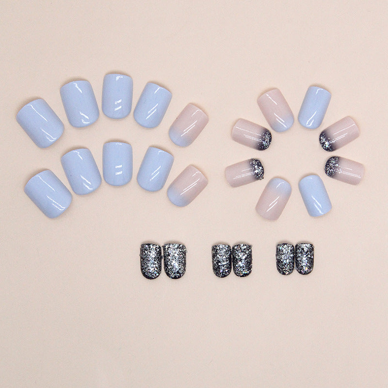 Mist Blue Glitter Short Square Detachable Fake Nails