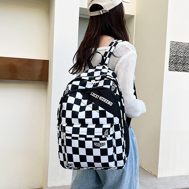 checkerboard backpack schoolbag letter fashion