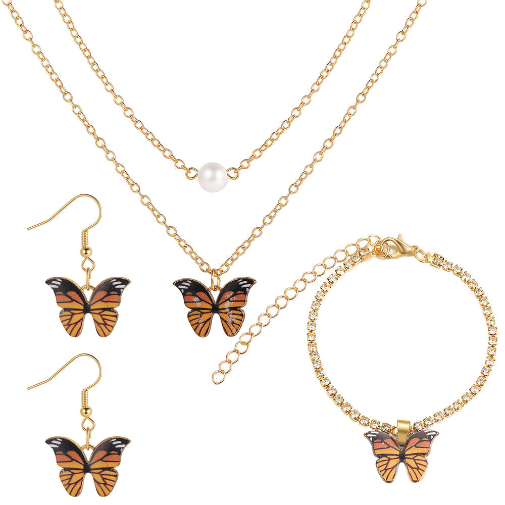 Oil dripping butterfly pendant necklace set 3 pieces