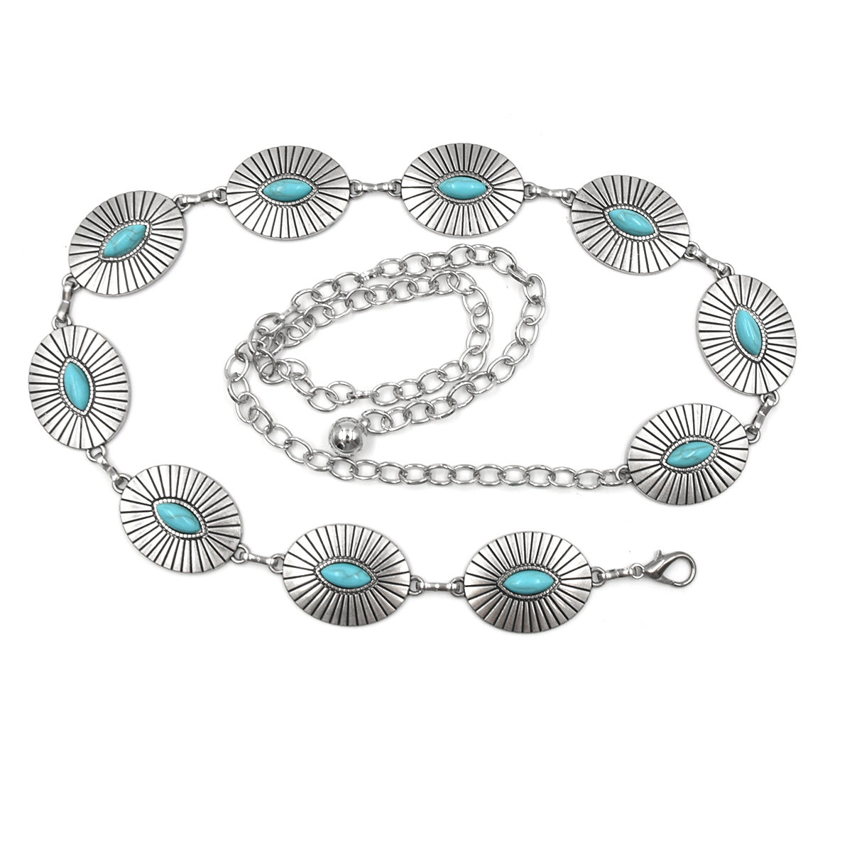 Turquoise ancient silver metal waist chain