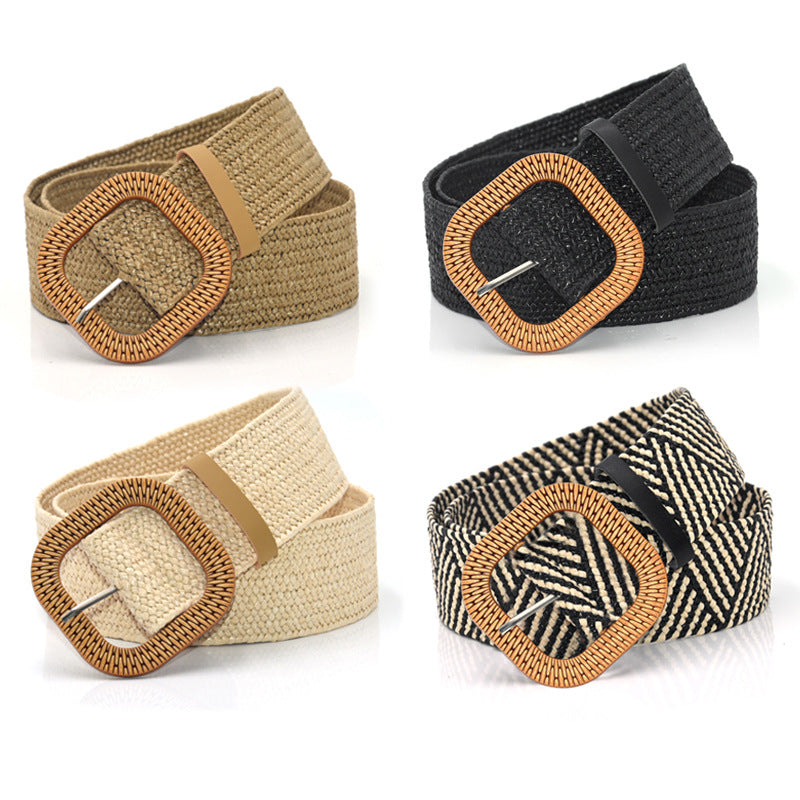 Woven belt Wood-colored square buckle belt