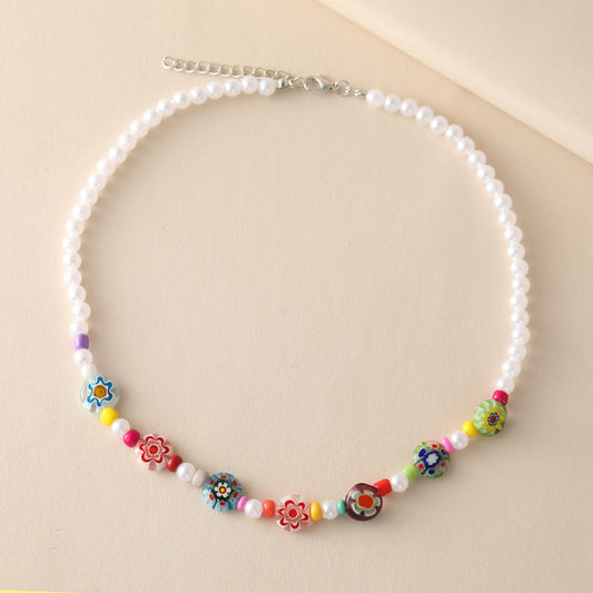 Colorful Daisy Petal Glass Bead Necklace