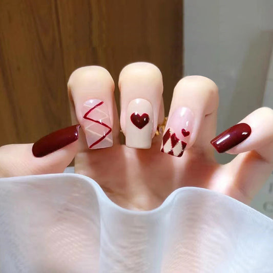 Heart French Burgundy Nails