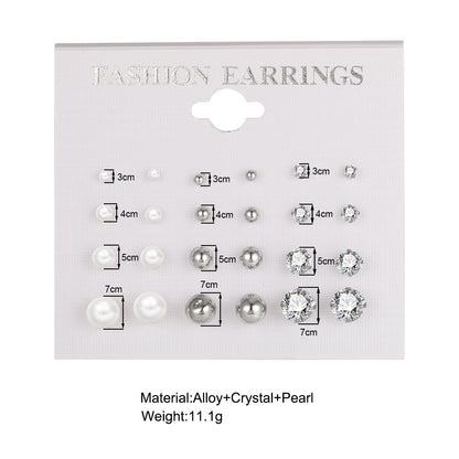 Metal Pearl Zircon Earring Set 12 Pairs