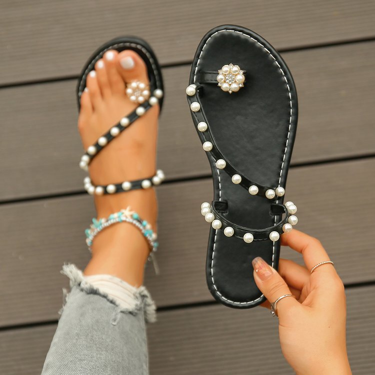 Meg-toed pearl flat-bottomed slippers