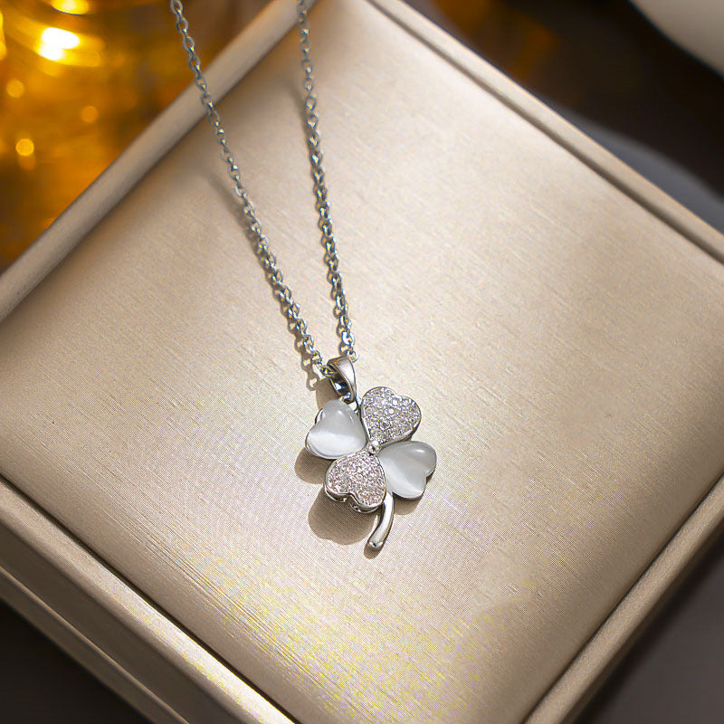 Trendy Four-Leaf Clover Titanium Necklace with Cat's Eye