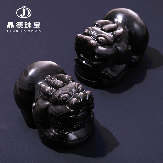 Natural silver obsidian large Pixiu ornament