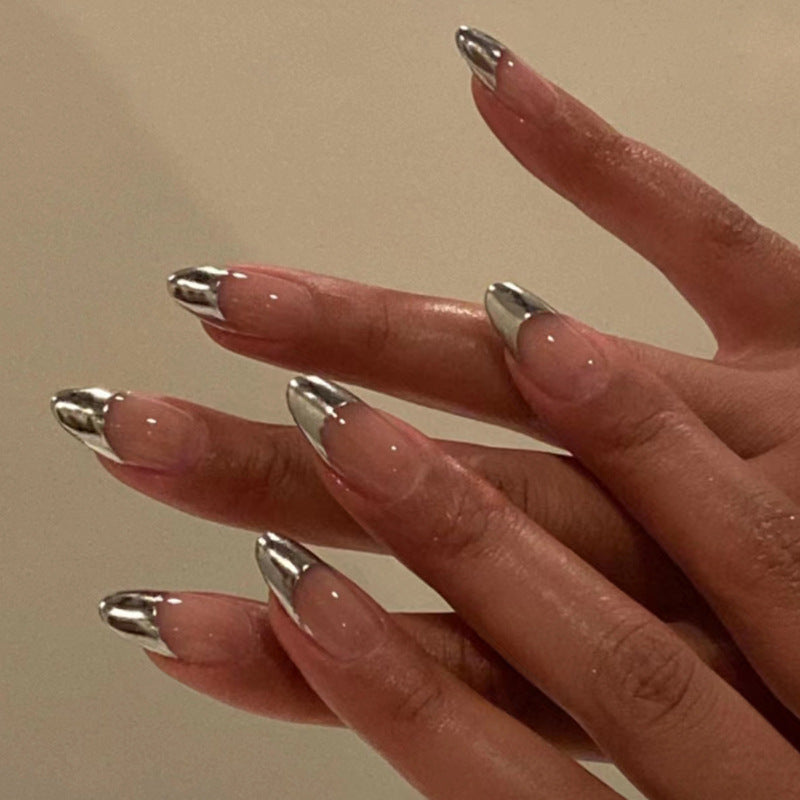 French Style Silver Almond Fake Nails