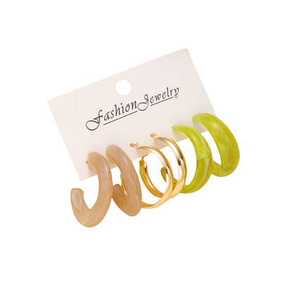 C-shaped gold resin alloy earrings 3-piece set