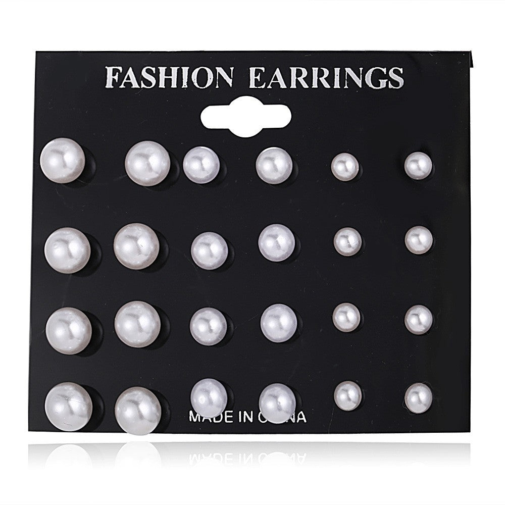 Set of 12 three-color pearl earrings