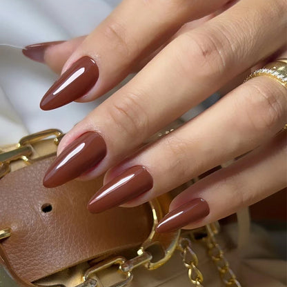 Western Style Red-Brown Almond Detachable Fake Nails