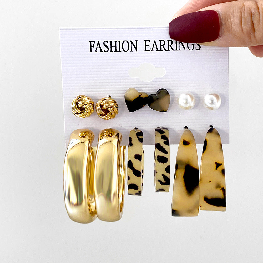 Leopard print flower C-shaped earrings set 5 pairs