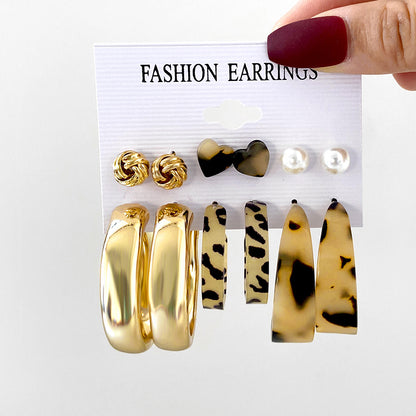 Leopard print flower C-shaped earrings set 5 pairs