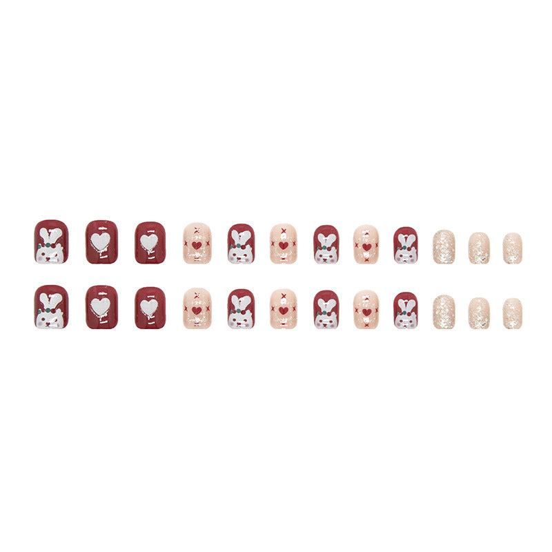 New Year Glitter Red Heart Rabbit Nails