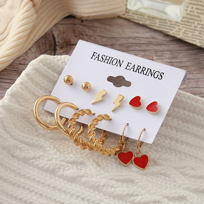 Lightning Red Heart Earrings 6 Pairs