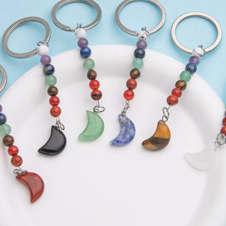 Colorful natural crystal agate moon pendant stainless steel keychain