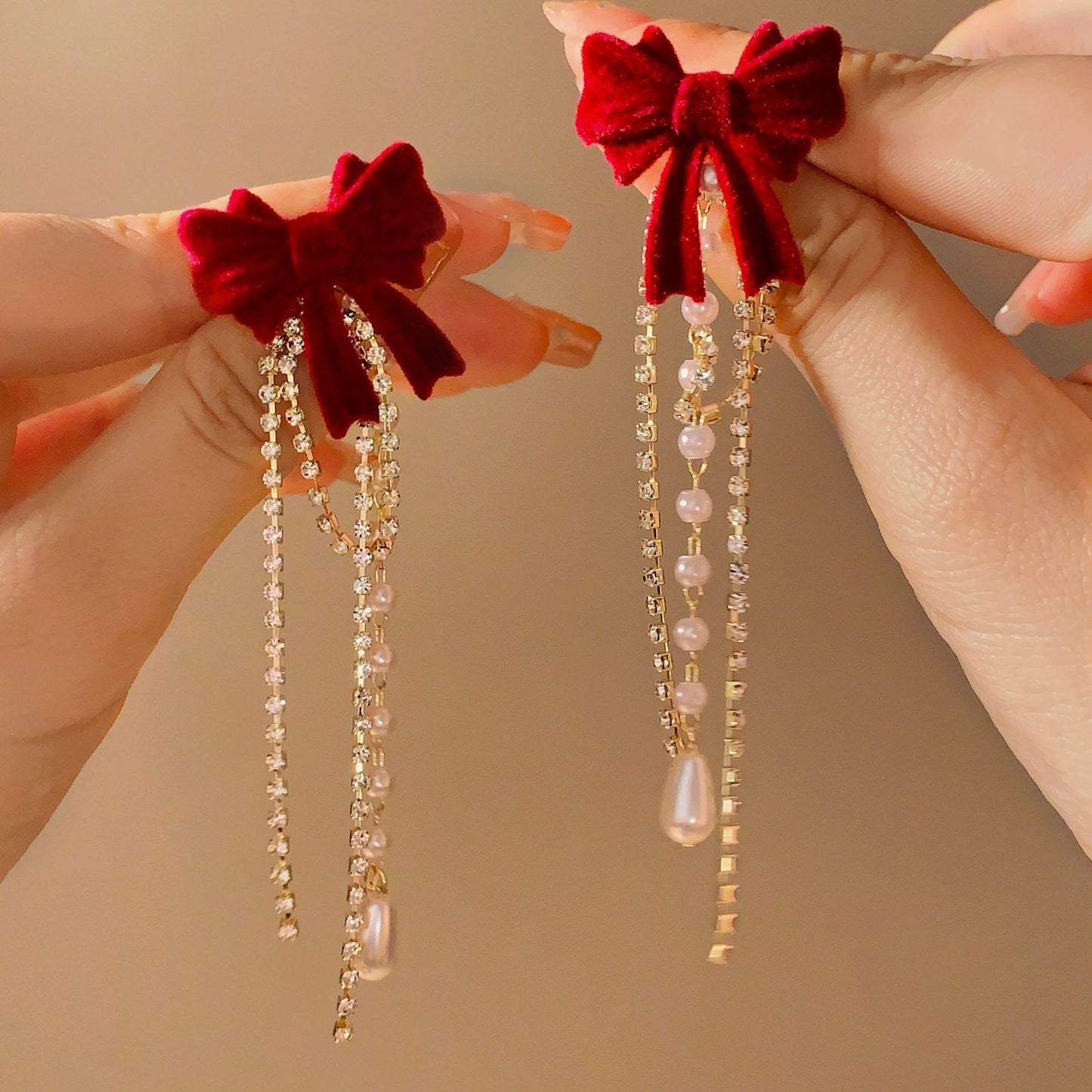 Burgundy Flocking Bow Pearl Fringed Earrings