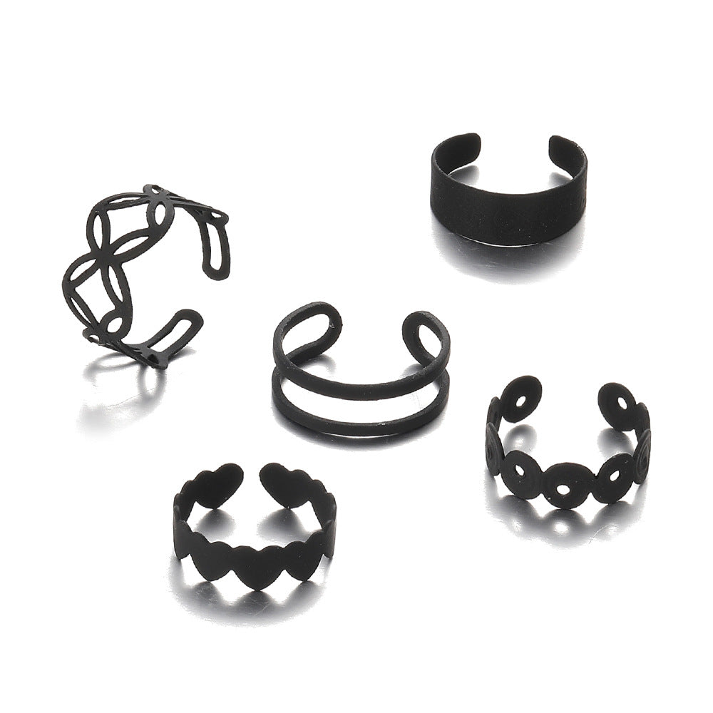 Hollow Black Geometric Ring 5-Piece Set