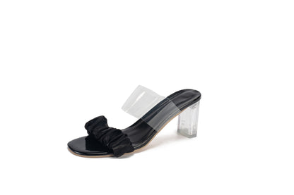 Sheer block heel, straight square-toe crepe slippers